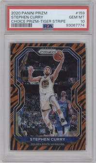 Stephen Curry from the 2020-21 Panini Prizm set featuring a Choice Tiger Stripe parallel graded by PSA and given an overall grade of 10.