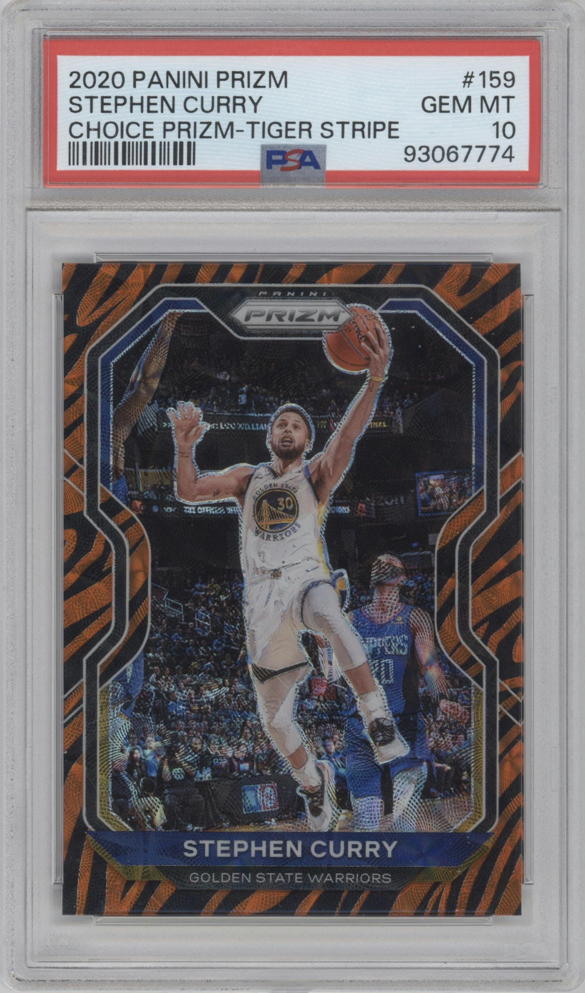 Stephen Curry from the 2020-21 Panini Prizm set featuring a Choice Tiger Stripe parallel graded by PSA and given an overall grade of 10.