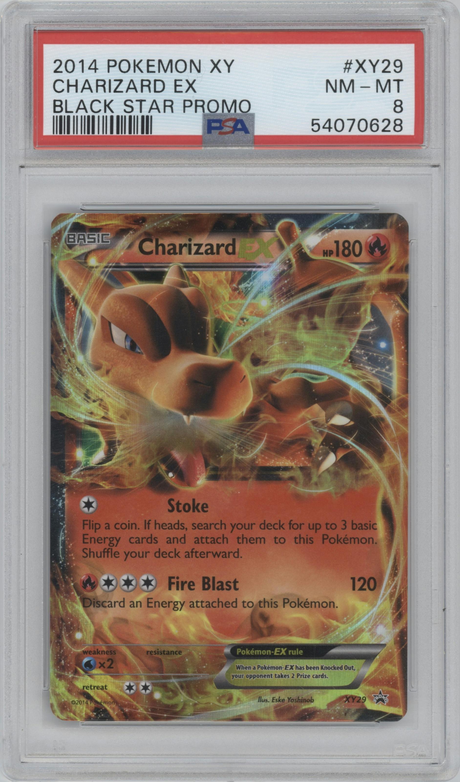 Charizard EX from the 2014 Pokemon XY set graded by PSA and given an overall grade of 8.