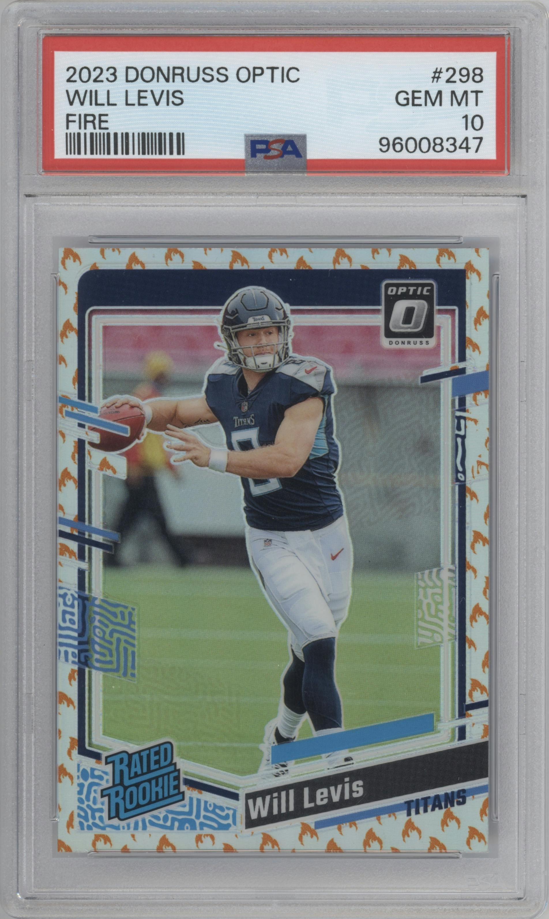 Will Levis from the 2023 Donruss Optic set featuring a Fire parallel graded by PSA and given an overall grade of 10.