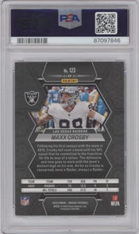 Maxx Crosby from the 2023 Panini Mosaic set featuring a  Genesis parallel graded by PSA and given an overall grade of 10.