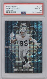 Maxx Crosby from the 2023 Panini Mosaic set featuring a  Genesis parallel graded by PSA and given an overall grade of 10.