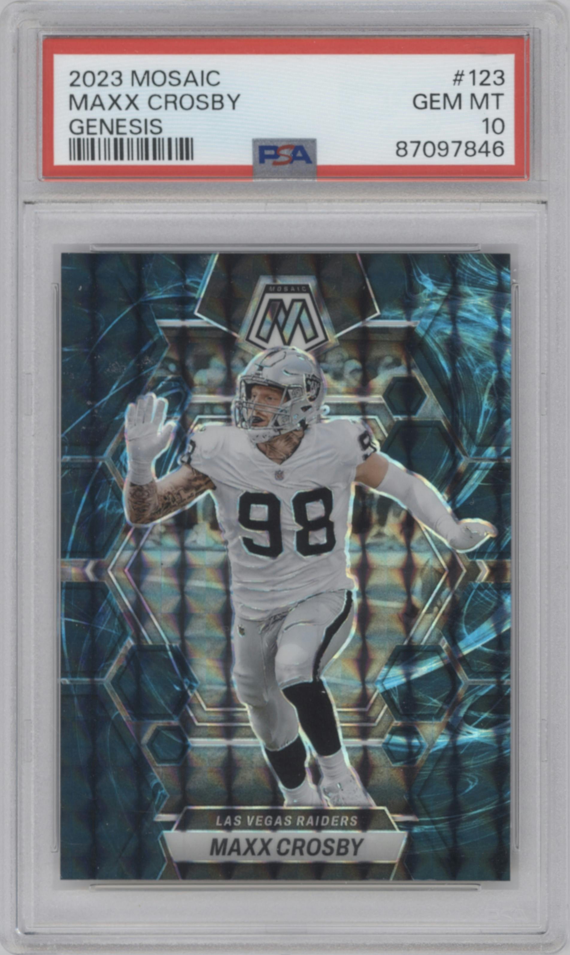 Maxx Crosby from the 2023 Panini Mosaic set featuring a  Genesis parallel graded by PSA and given an overall grade of 10.
