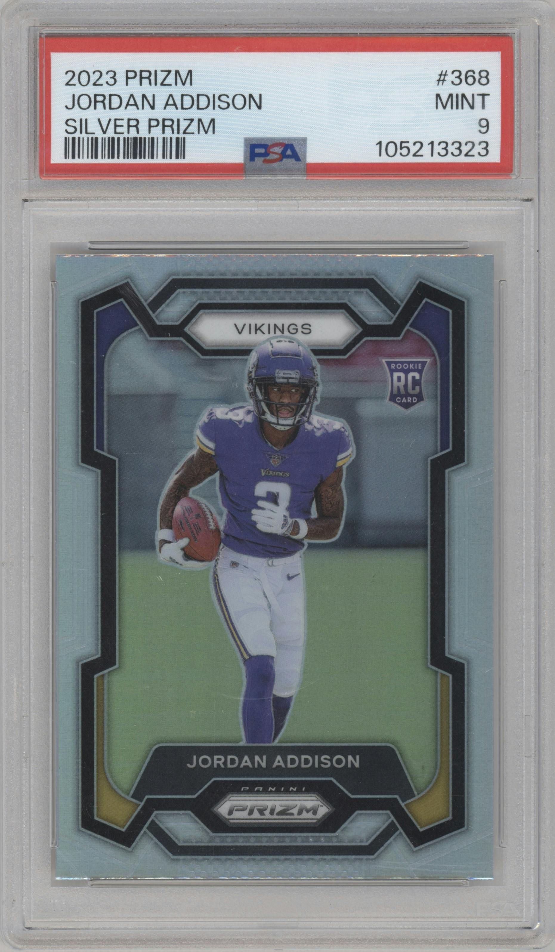 Jordan Addison from the 2023 Panini Prizm set featuring a Silver Prizm parallel graded by PSA and given an overall grade of 9.