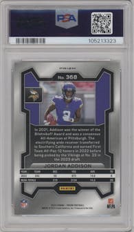 Jordan Addison from the 2023 Panini Prizm set featuring a Silver Prizm parallel graded by PSA and given an overall grade of 9.