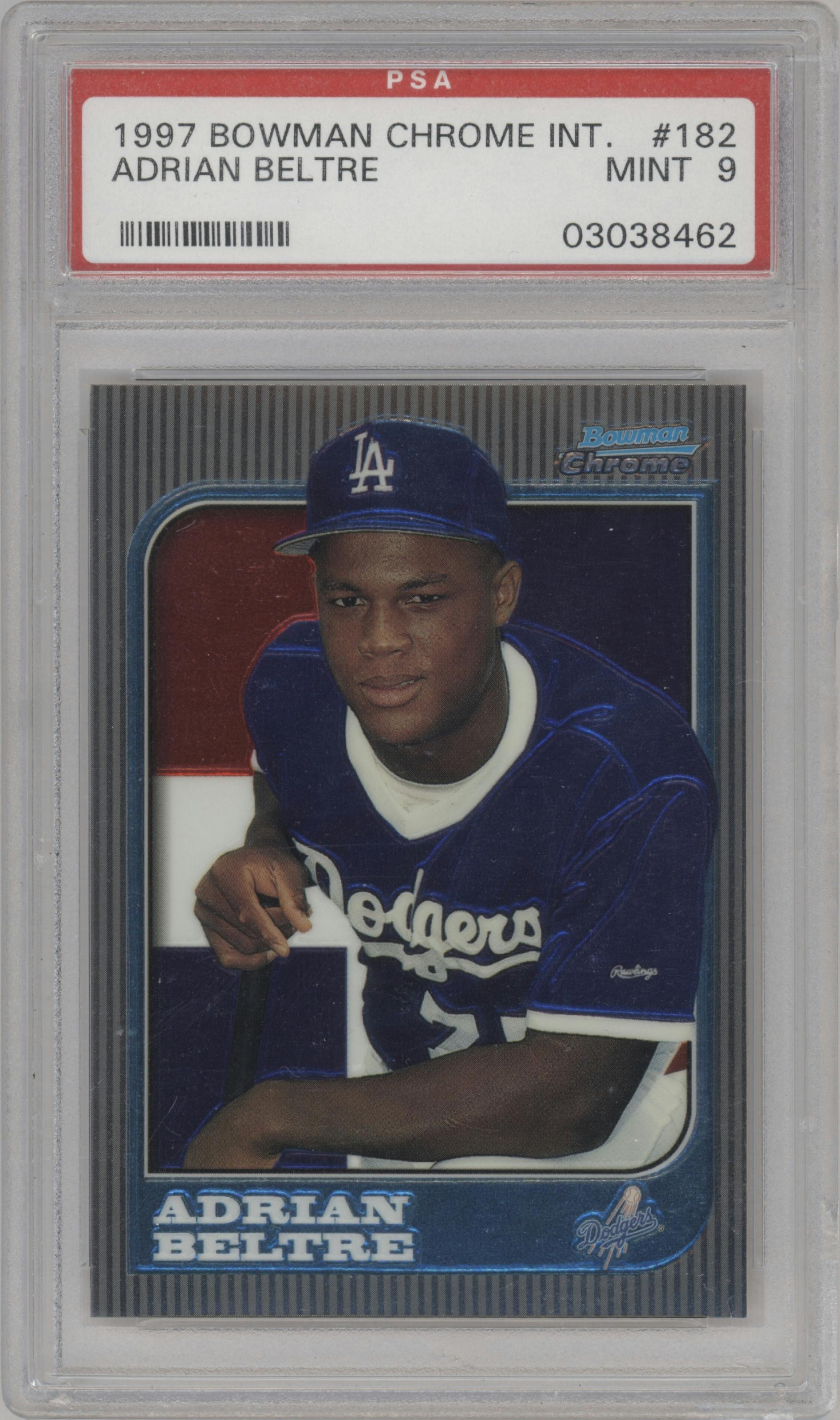 Adrian Beltre from the 1997 Bowman Chrome set featuring a International parallel graded by PSA and given an overall grade of 9.
