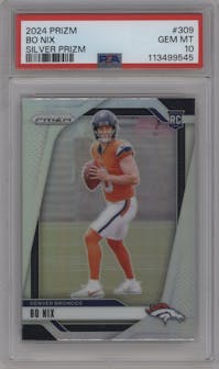 Bo Nix from the 2024 Panini Prizm set featuring a Silver Prizm parallel graded by PSA and given an overall grade of 10.