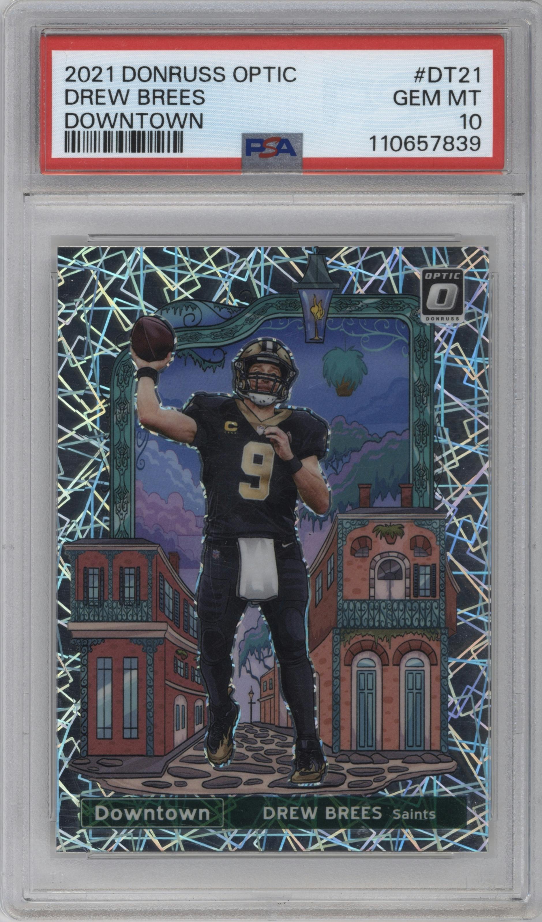 Drew Brees from the 2021 Panini Donruss Optic set graded by PSA and given an overall grade of 10.