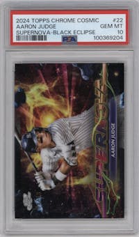 Aaron Judge from the 2024 Topps Cosmic Chrome set featuring a Black Eclipse Refractor parallel graded by PSA and given an overall grade of 10.