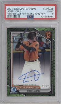 Lisbel Diaz from the 2024 Bowman Chrome set featuring a Reptilian Green Refractor parallel graded by PSA and given an overall grade of 9.
