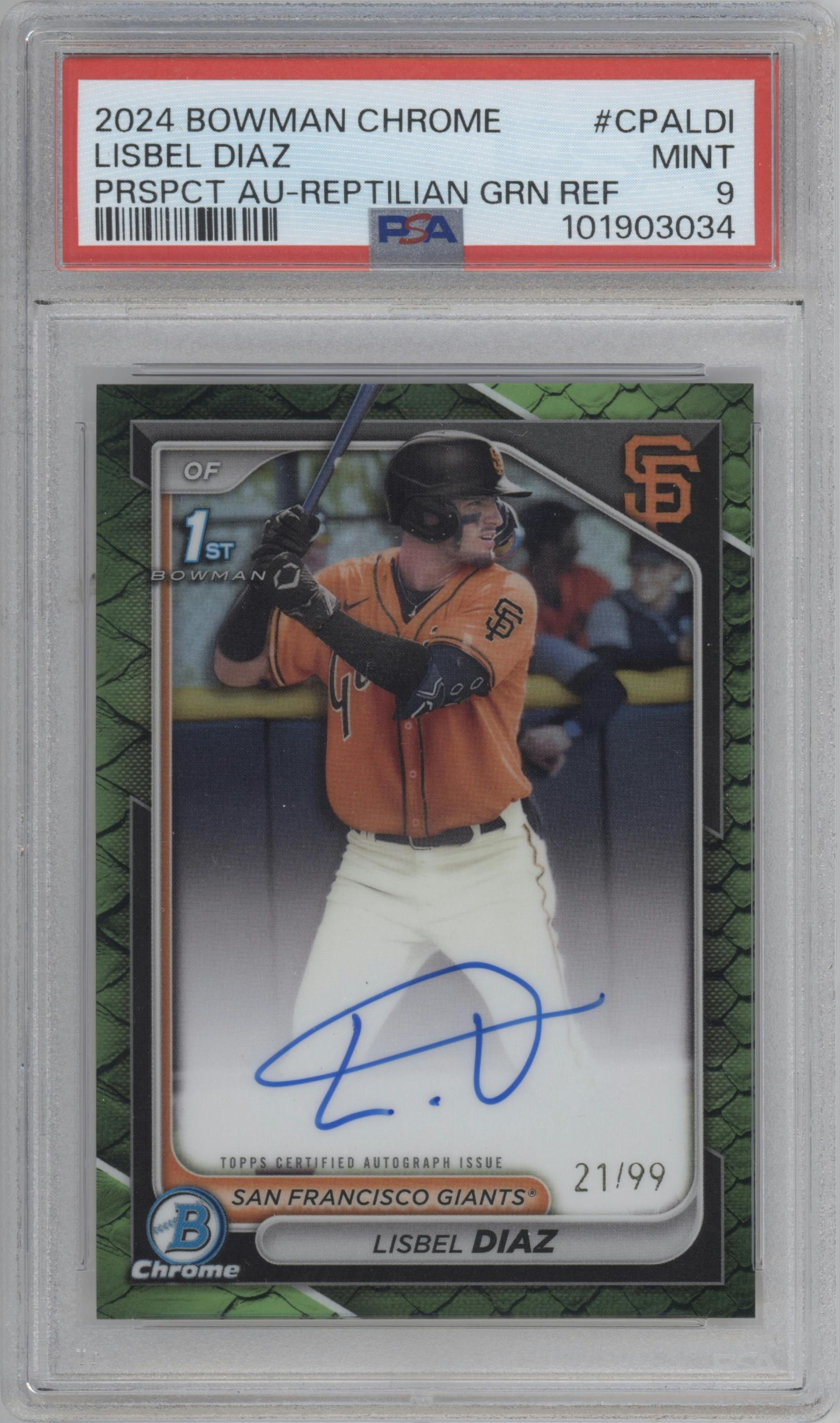 Lisbel Diaz from the 2024 Bowman Chrome set featuring a Reptilian Green Refractor parallel graded by PSA and given an overall grade of 9.