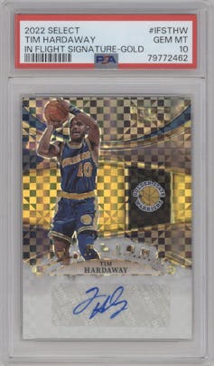 Tim Hardaway from the 2022-23 Panini Select set featuring a Gold Prizm parallel graded by PSA and given an overall grade of 10.