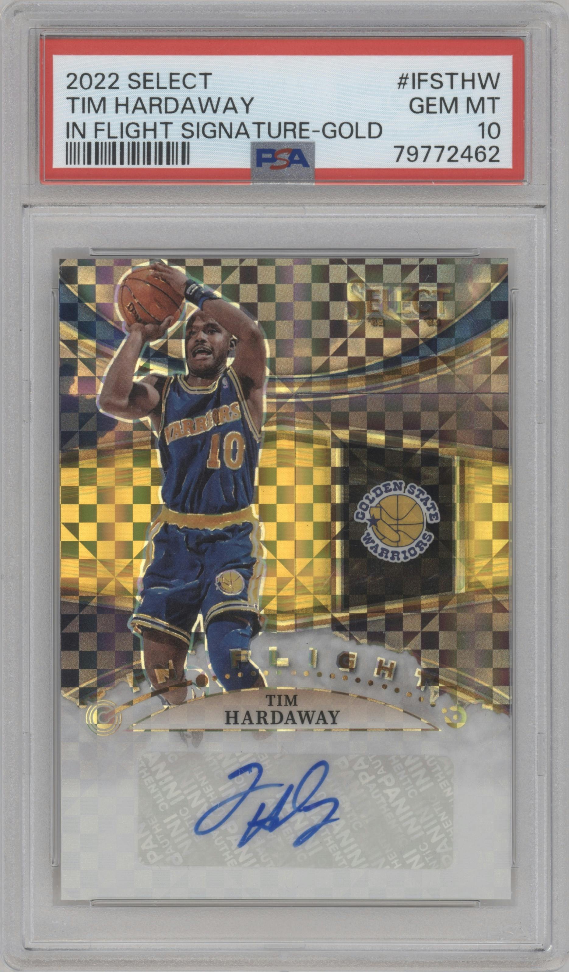 Tim Hardaway from the 2022-23 Panini Select set featuring a Gold Prizm parallel graded by PSA and given an overall grade of 10.