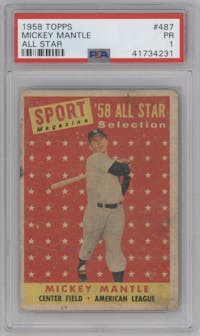 Mickey Mantle from the 1958 Topps set graded by PSA and given an overall grade of 1.