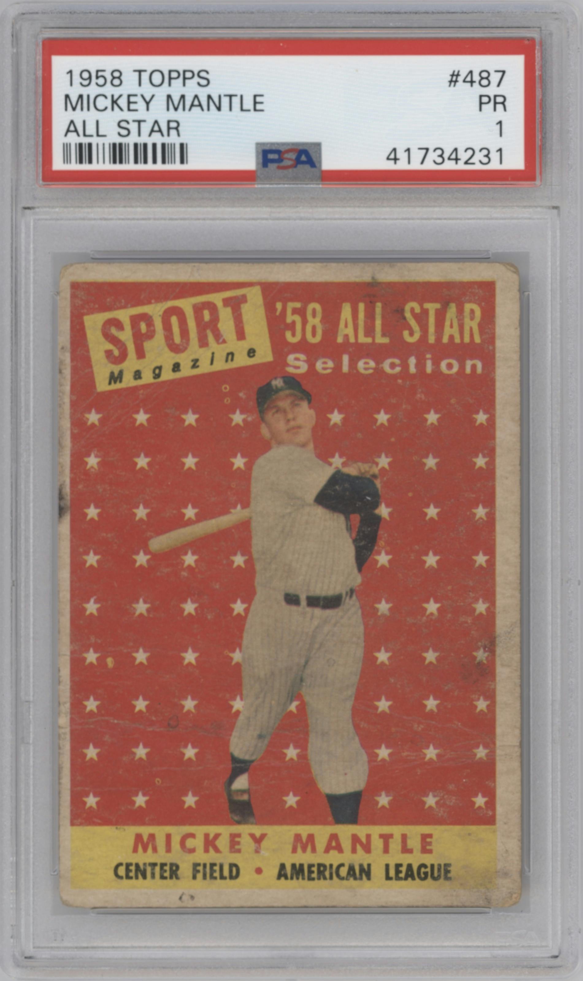 Mickey Mantle from the 1958 Topps set graded by PSA and given an overall grade of 1.