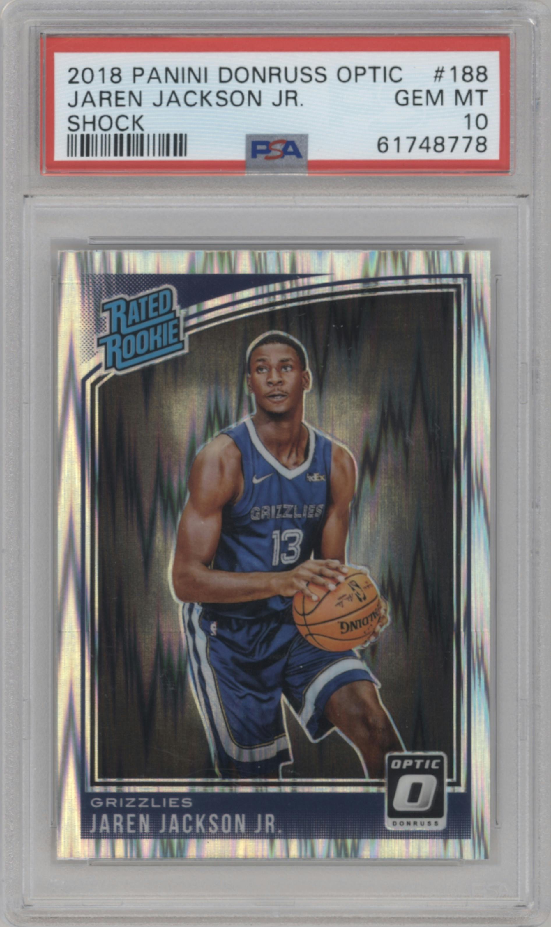 Jaren Jackson Jr. from the 2018-19 Panini Donruss Optic set featuring a Shock parallel graded by PSA and given an overall grade of 10.