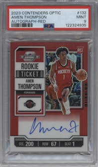 Amen Thompson from the 2023-24 Panini Contenders Optic set featuring a Red parallel graded by PSA and given an overall grade of 9.