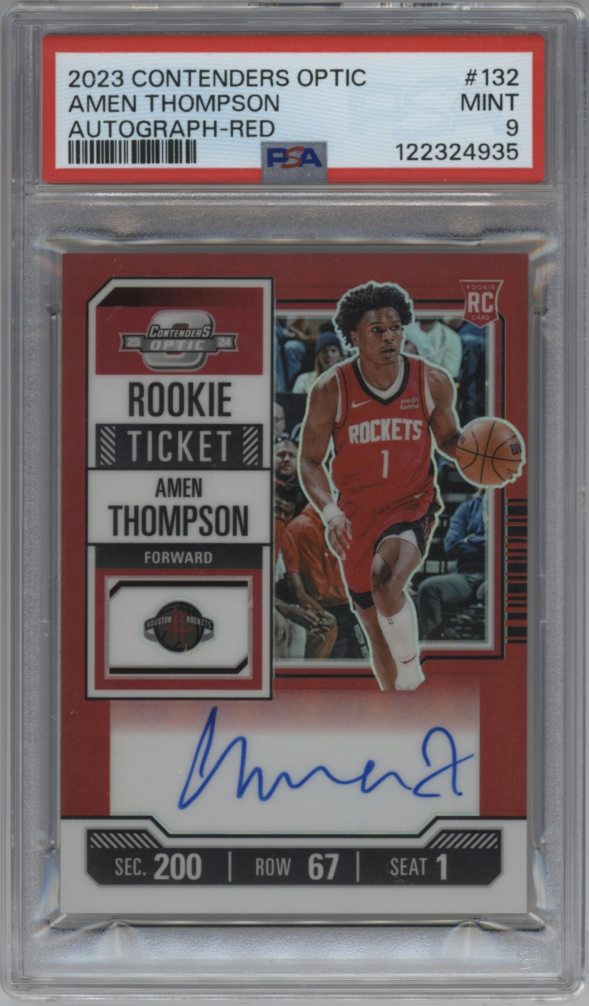 Amen Thompson from the 2023-24 Panini Contenders Optic set featuring a Red parallel graded by PSA and given an overall grade of 9.