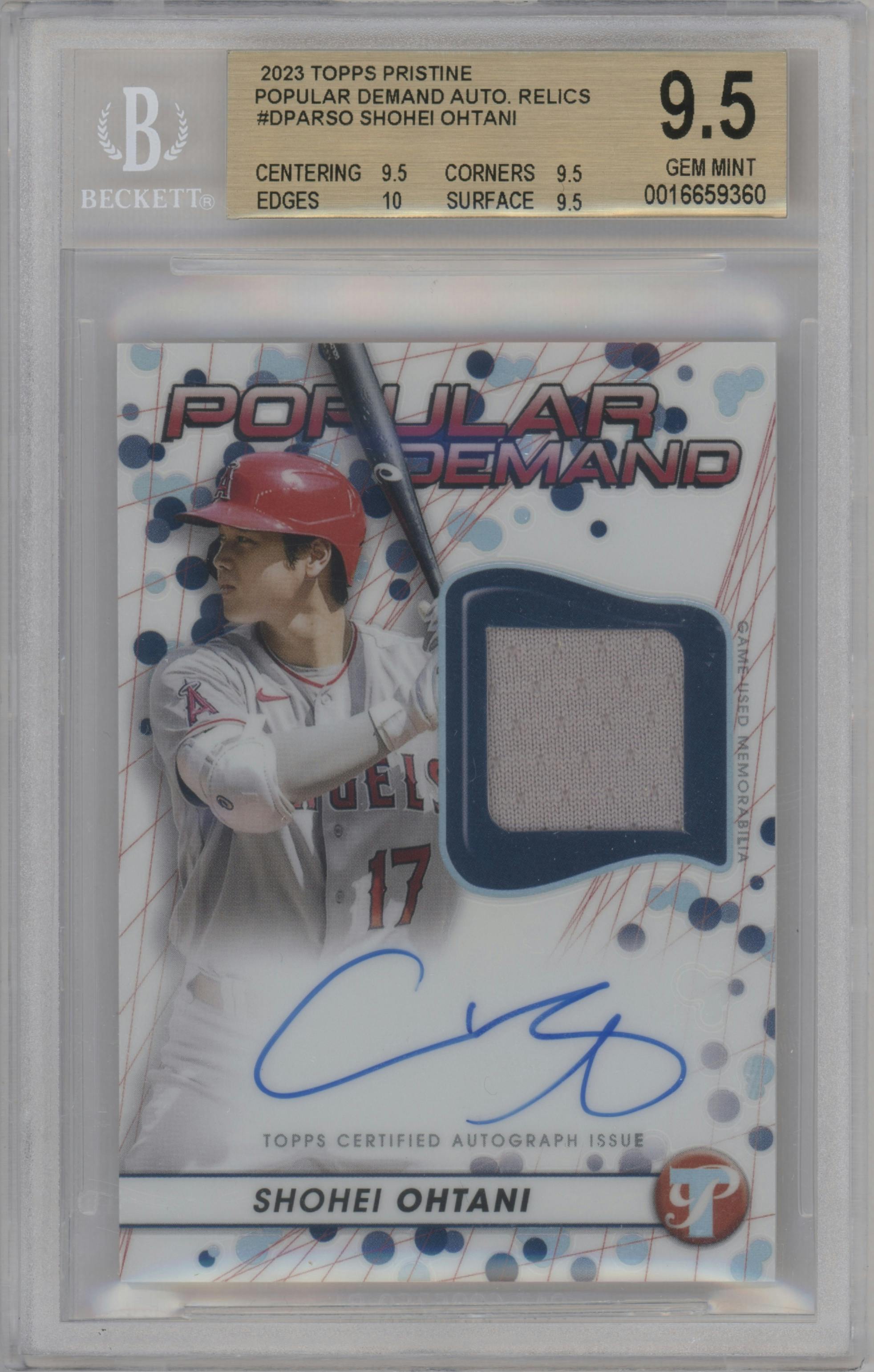 Shohei Ohtani from the 2023 Topps Pristine set graded by Beckett and given an overall grade of 9.5.