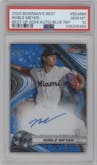 Noble Meyer from the 2024 Bowman's Best set featuring a Blue Ref. parallel graded by PSA and given an overall grade of 10.