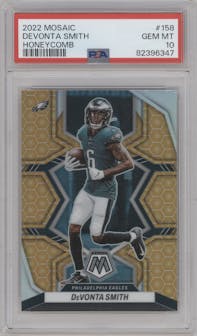 DeVonta Smith from the 2022 Panini Mosaic set featuring a Honeycomb parallel graded by PSA and given an overall grade of 10.