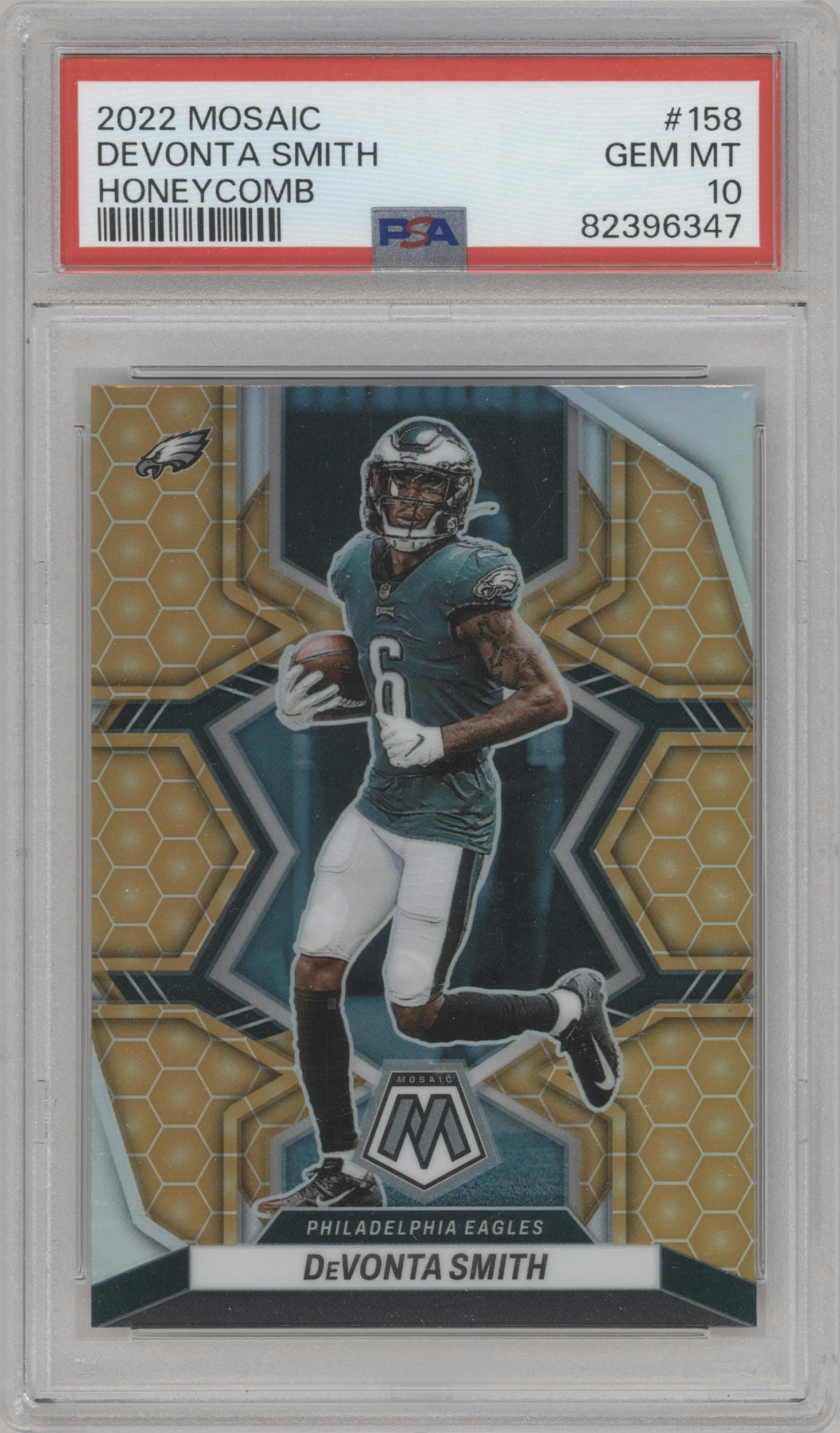 DeVonta Smith from the 2022 Panini Mosaic set featuring a Honeycomb parallel graded by PSA and given an overall grade of 10.