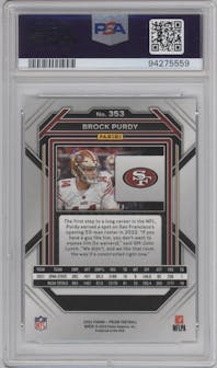 Brock Purdy from the 2022 Panini Prizm set graded by PSA and given an overall grade of 10.