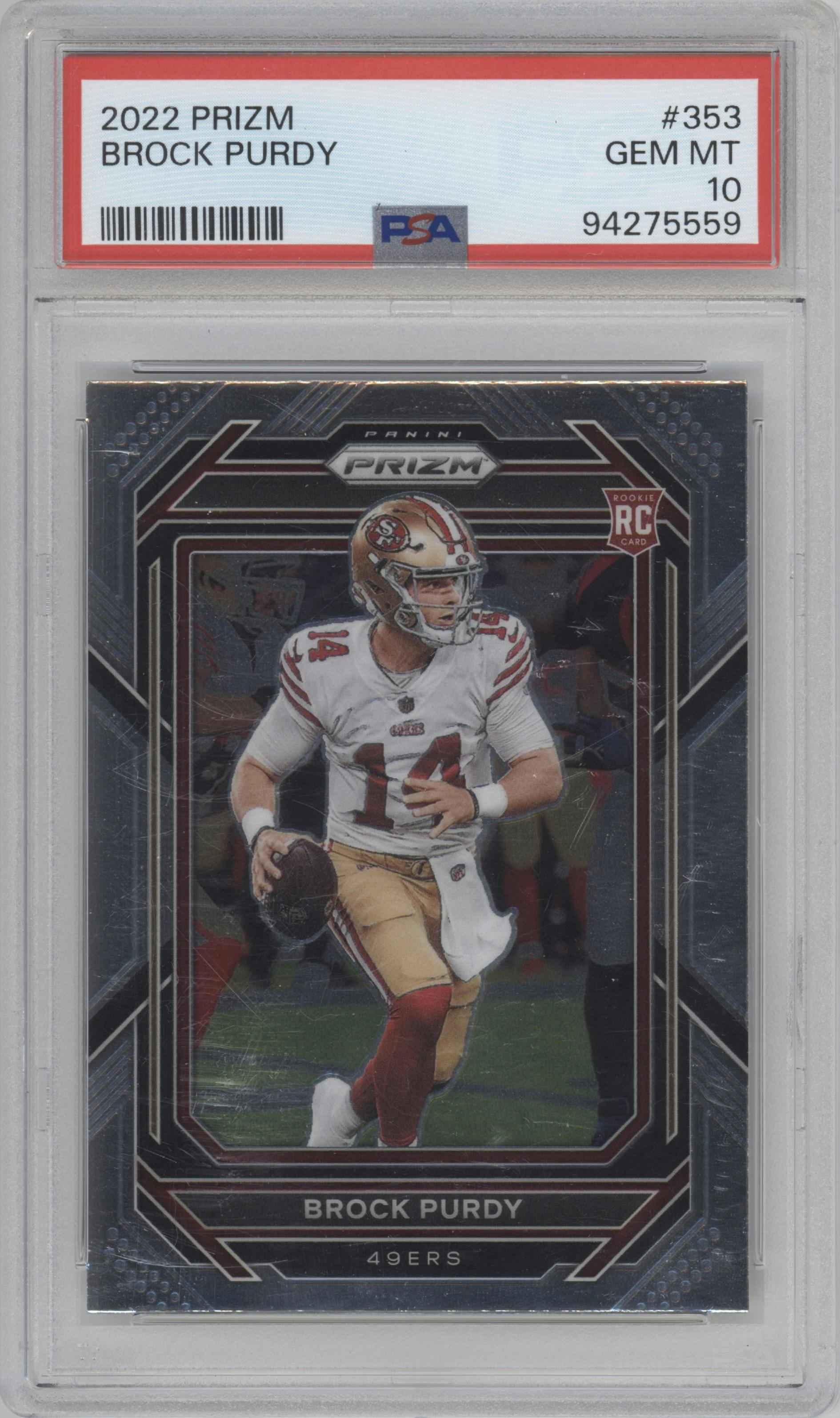 Brock Purdy from the 2022 Panini Prizm set graded by PSA and given an overall grade of 10.