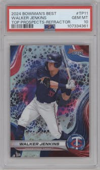 Walker Jenkins from the 2024 Bowman's Best set featuring a Refractor parallel graded by PSA and given an overall grade of 10.