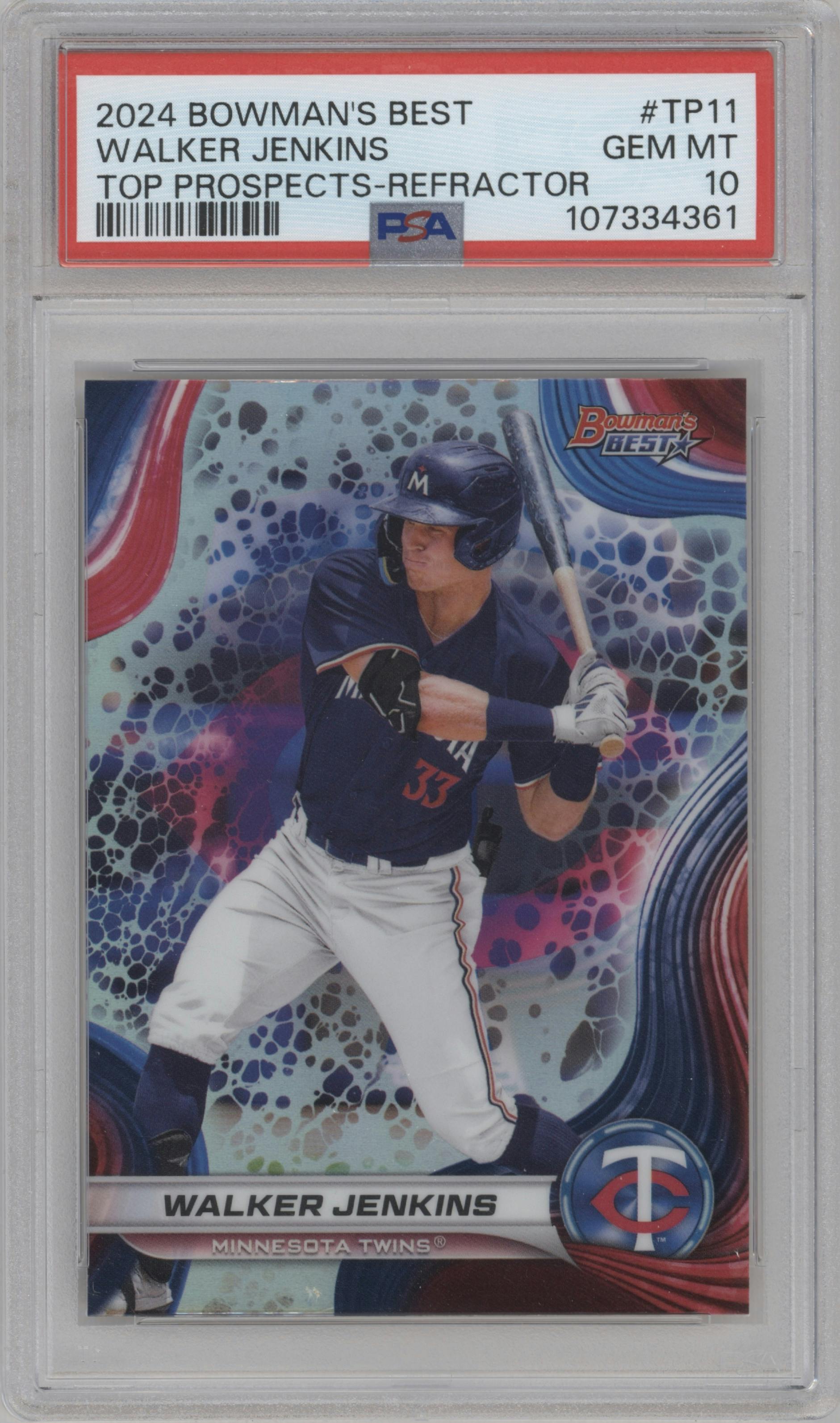 Walker Jenkins from the 2024 Bowman's Best set featuring a Refractor parallel graded by PSA and given an overall grade of 10.