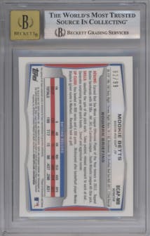 Mookie Betts from the 2014 Bowman set featuring a Black Refractor parallel graded by Beckett and given an overall grade of 9.