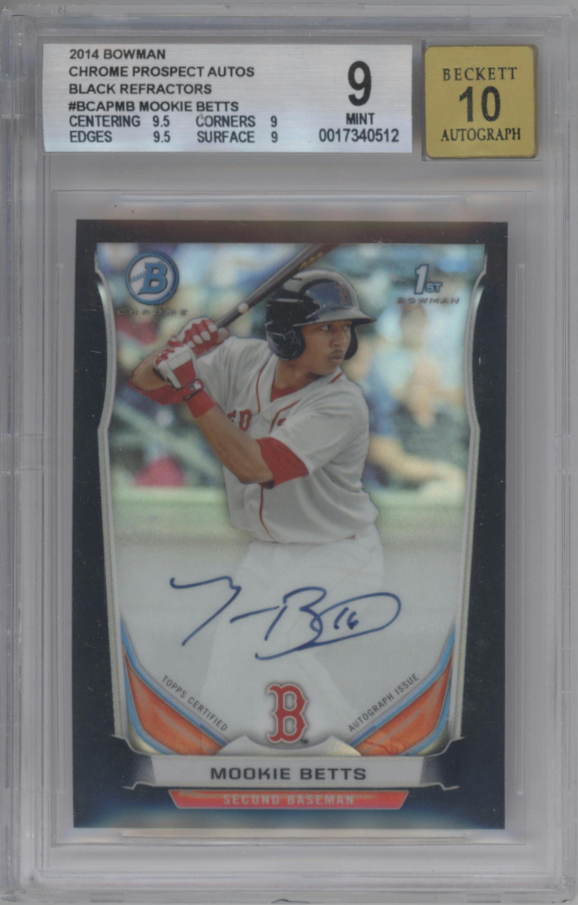 Mookie Betts from the 2014 Bowman set featuring a Black Refractor parallel graded by Beckett and given an overall grade of 9.