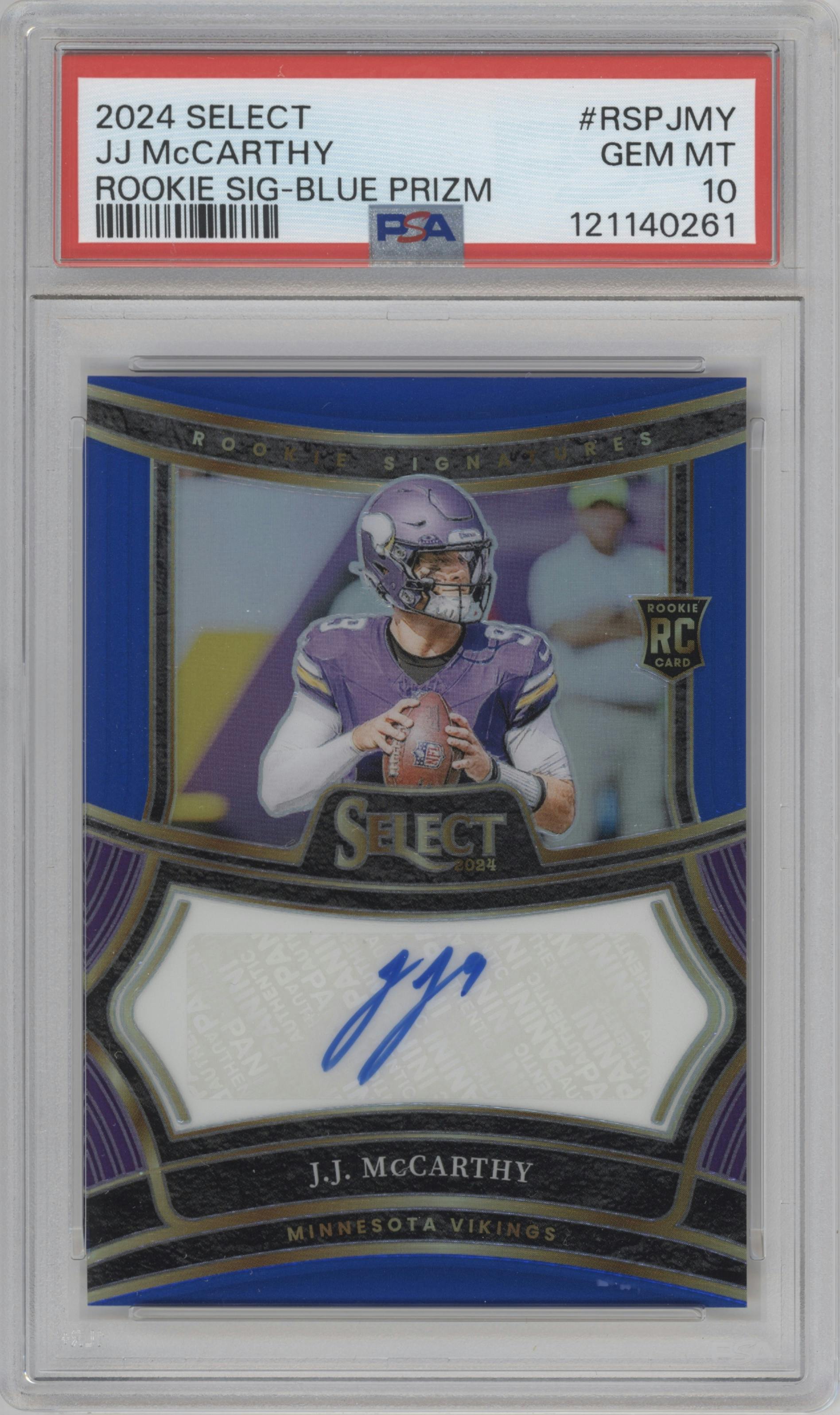 J.J. McCarthy from the 2024 Panini Select set featuring a Blue parallel graded by PSA and given an overall grade of 10.