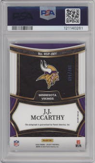 J.J. McCarthy from the 2024 Panini Select set featuring a Blue parallel graded by PSA and given an overall grade of 10.