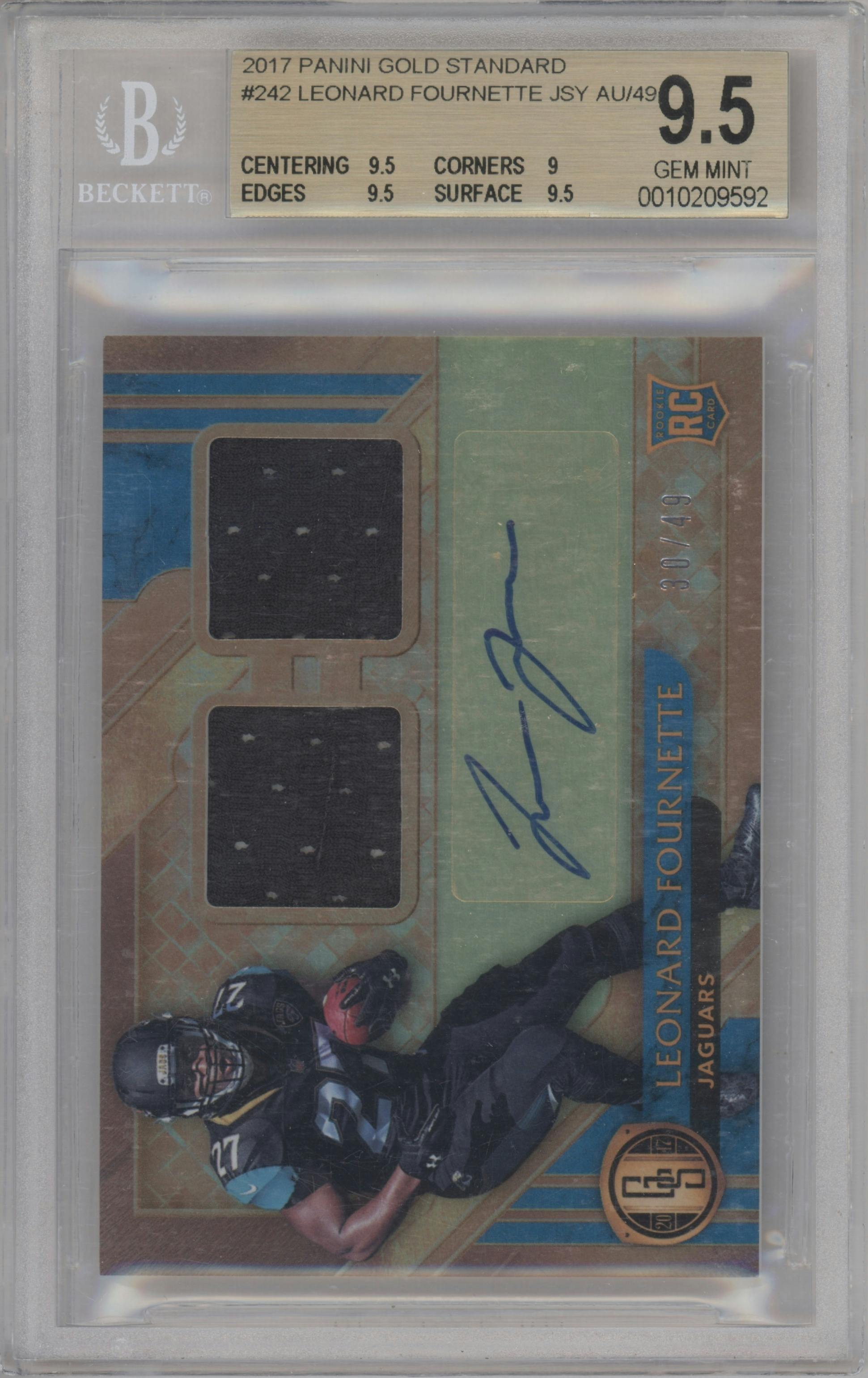Leonard Fournette from the 2017 Panini Gold Standard set graded by Beckett and given an overall grade of 9.5.