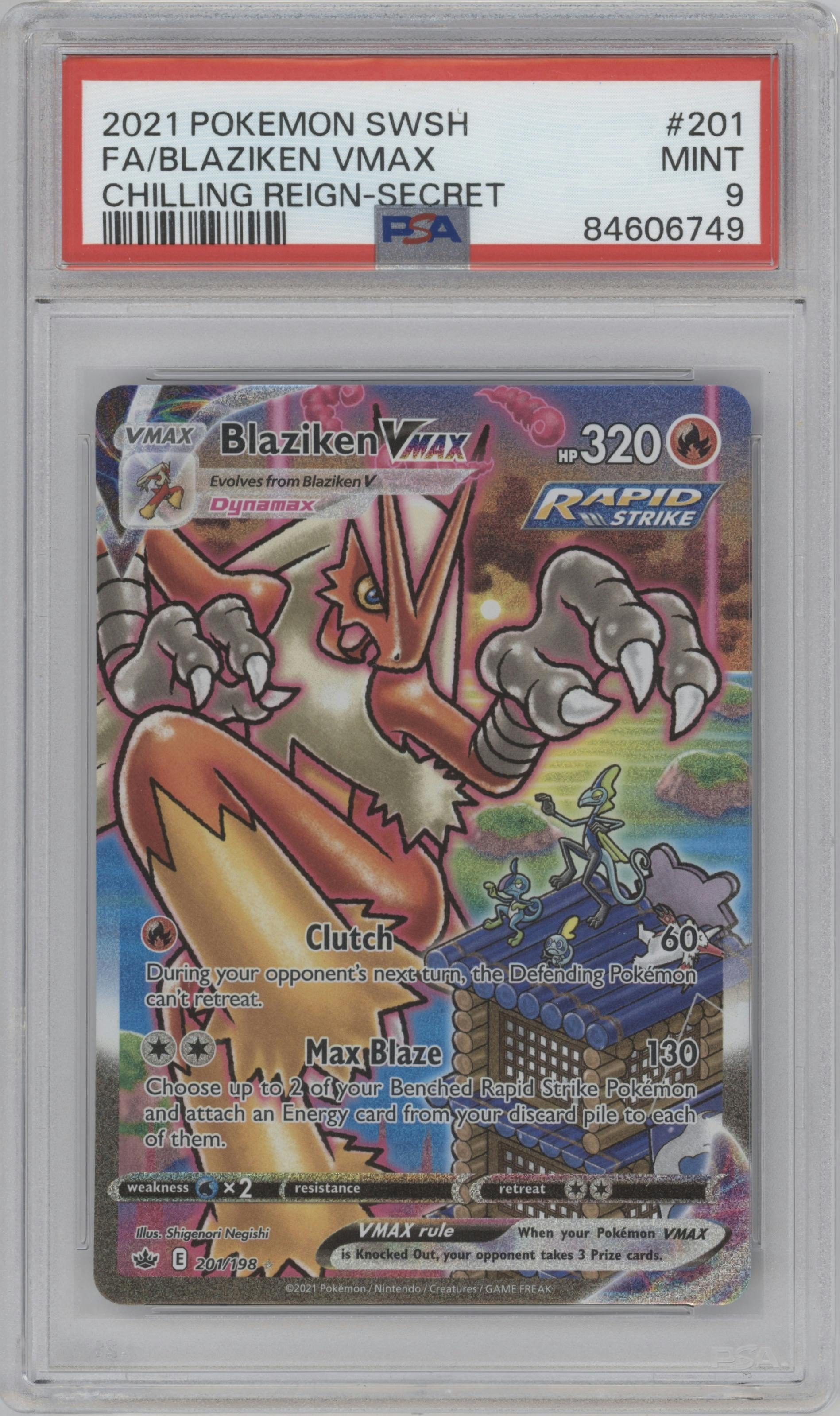 Blaziken VMAX from the 2021 Pokemon SWSH set graded by PSA and given an overall grade of 9.