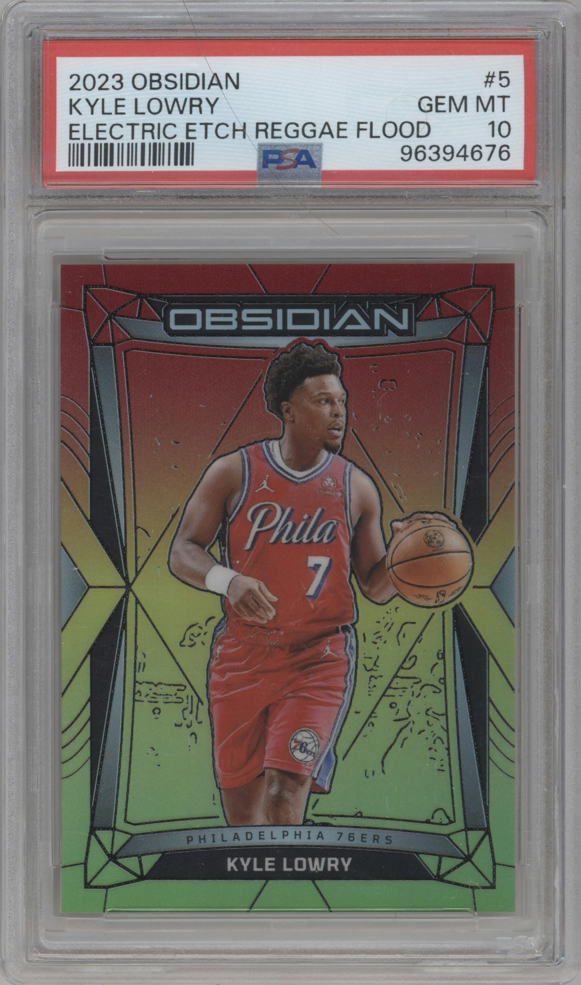 Kyle Lowry from the 2023-24 Panini Obsidian set featuring a Electric Etch Reggae Flood parallel graded by PSA and given an overall grade of 10.
