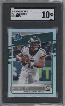 Jalen Hurts from the 2020 Panini Donruss Optic set featuring a Holo parallel graded by SGC and given an overall grade of 10.