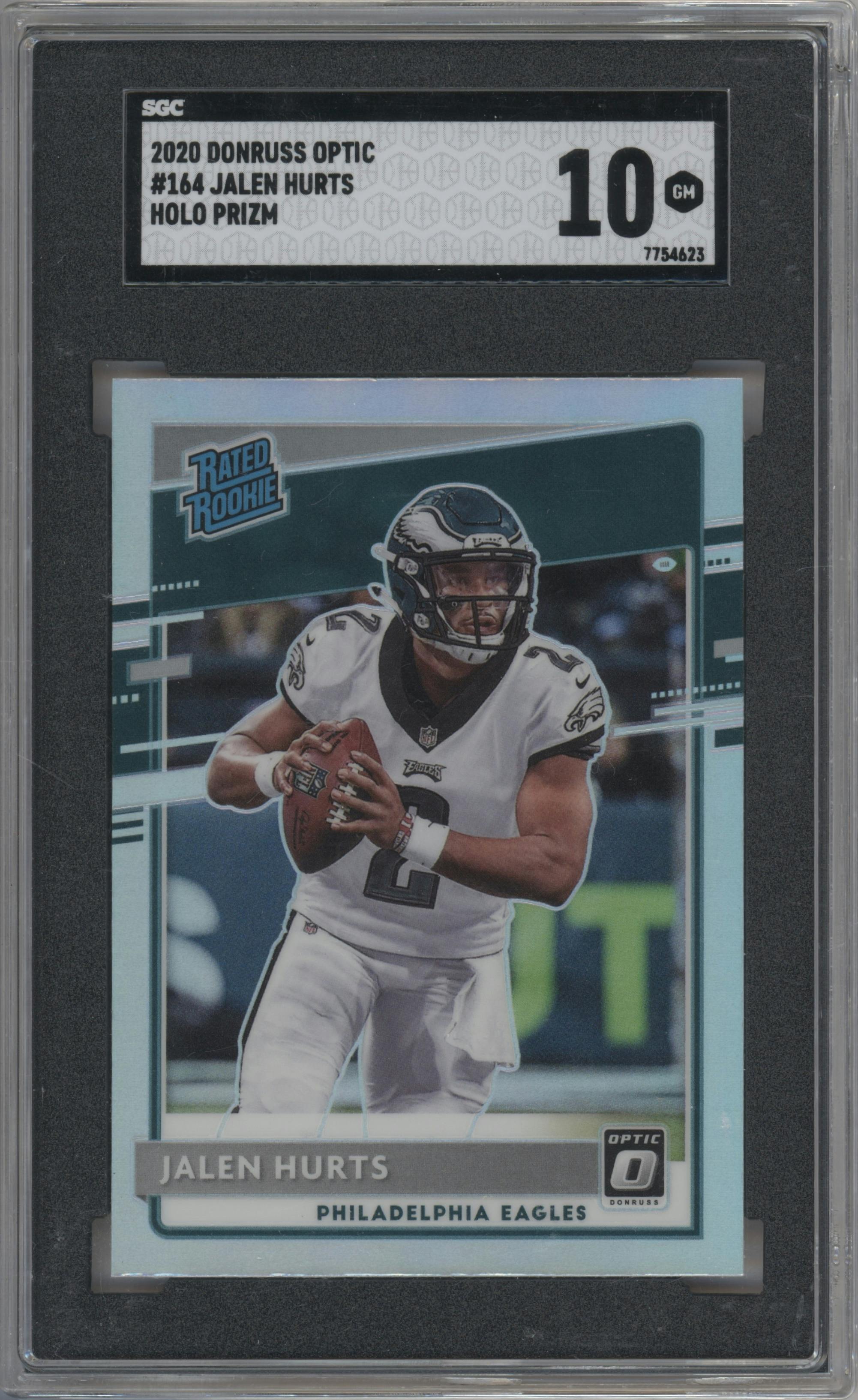 Jalen Hurts from the 2020 Panini Donruss Optic set featuring a Holo parallel graded by SGC and given an overall grade of 10.