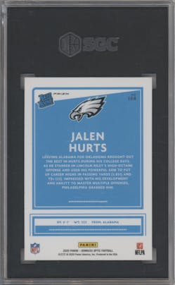 Jalen Hurts from the 2020 Panini Donruss Optic set featuring a Holo parallel graded by SGC and given an overall grade of 10.