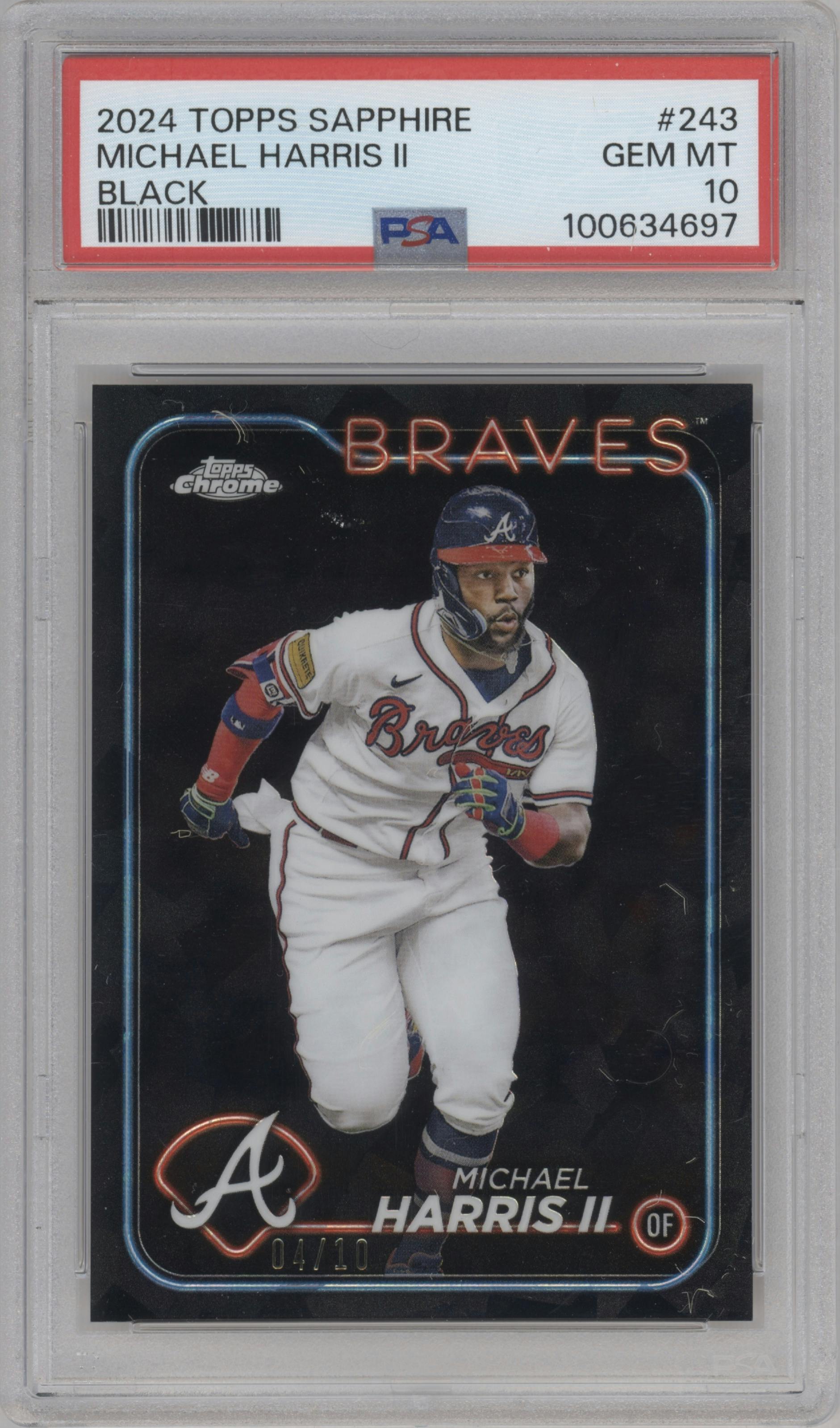 Michael Harris II from the 2024 Topps Chrome Sapphire set featuring a Black Sapphire parallel graded by PSA and given an overall grade of 10.