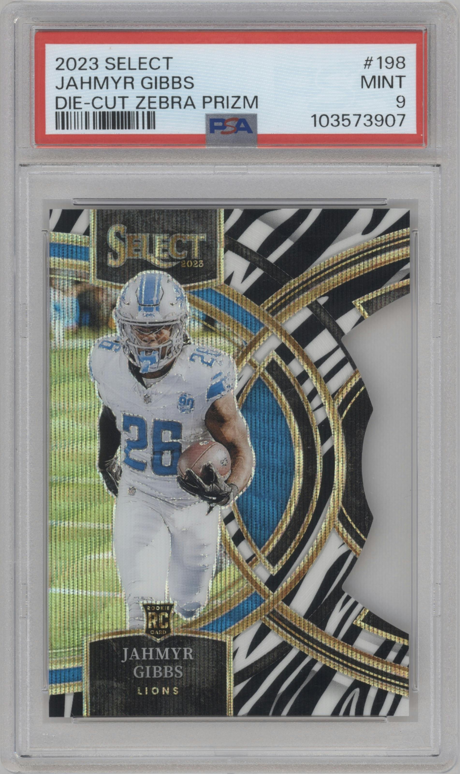  Jahmyr Gibbs from the 2023 Panini Select set featuring a Die-Cut Zebra parallel graded by PSA and given an overall grade of 9.