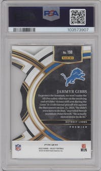  Jahmyr Gibbs from the 2023 Panini Select set featuring a Die-Cut Zebra parallel graded by PSA and given an overall grade of 9.