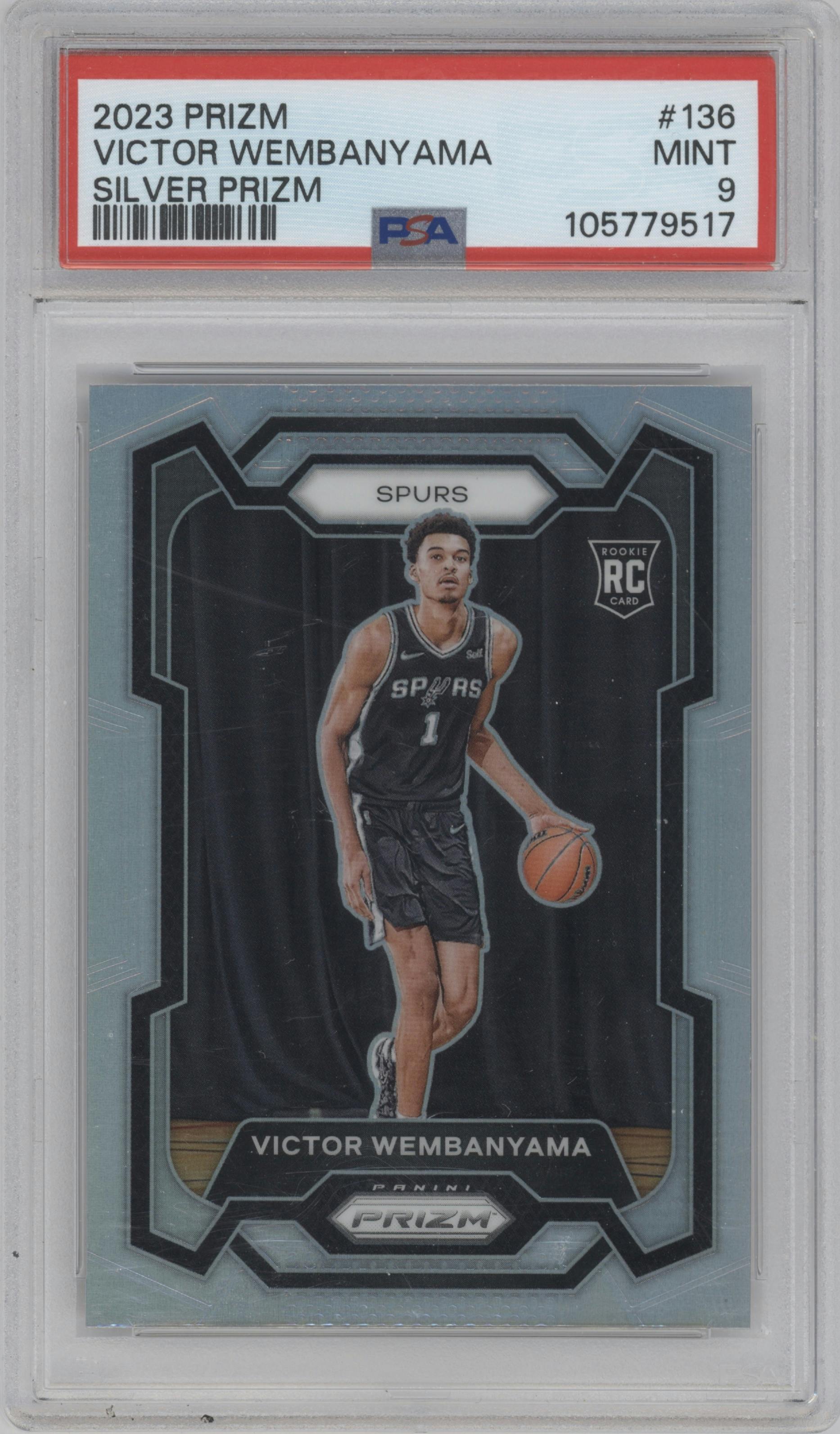 Victor Wembanyama from the 2023-24 Panini Prizm set featuring a Silver Prizm  parallel graded by PSA and given an overall grade of 9.