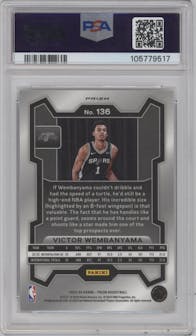 Victor Wembanyama from the 2023-24 Panini Prizm set featuring a Silver Prizm  parallel graded by PSA and given an overall grade of 9.