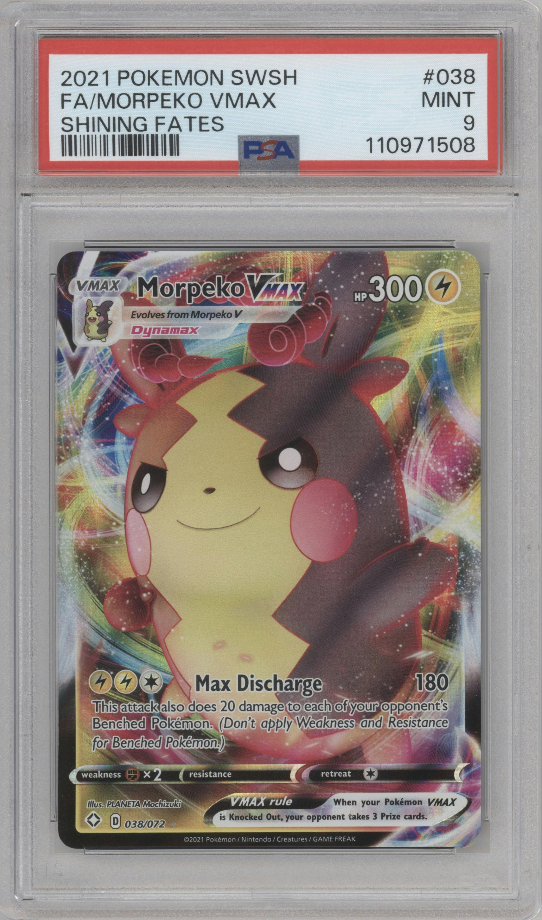 Morpeko VMAX from the 2021 Pokemon SWSH set graded by PSA and given an overall grade of 9.
