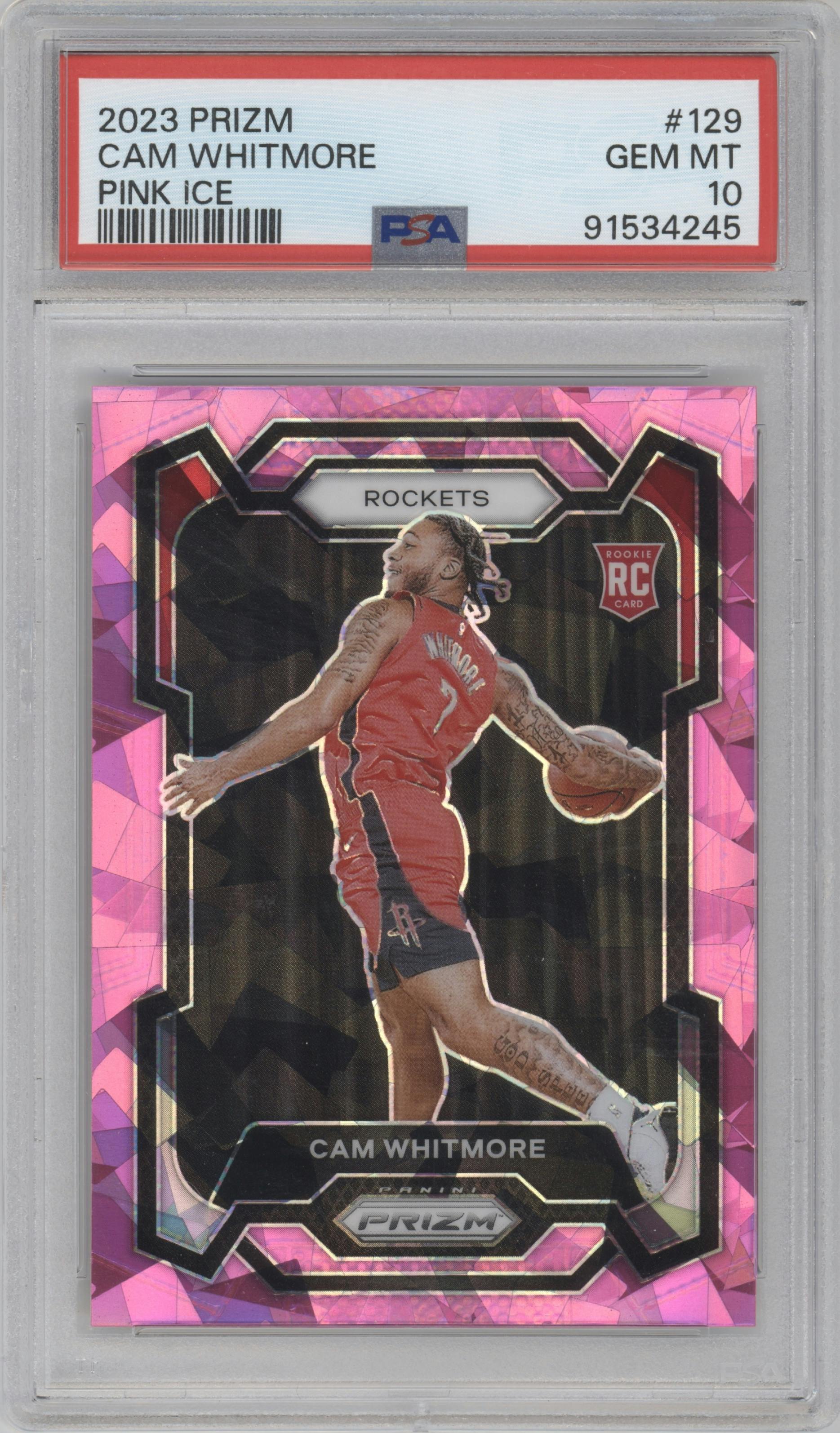 Cam Whitmore from the 2023-24 Panini Prizm set featuring a Pink Ice parallel graded by PSA and given an overall grade of 10.