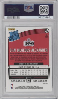 Shai Gilgeous-Alexander from the 2018-19 Panini Donruss Optic set featuring a Shock parallel graded by PSA and given an overall grade of 10.
