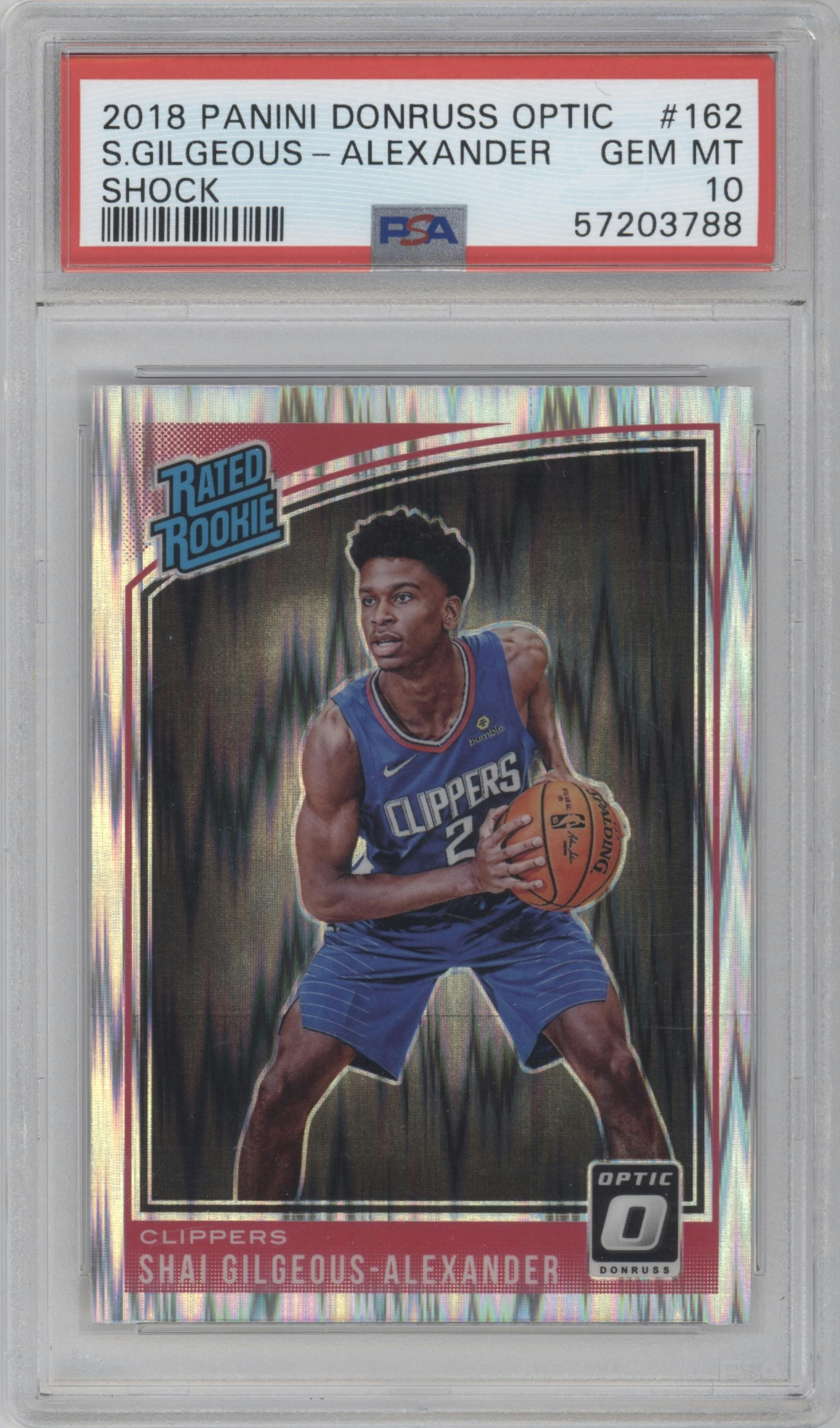 Shai Gilgeous-Alexander from the 2018-19 Panini Donruss Optic set featuring a Shock parallel graded by PSA and given an overall grade of 10.