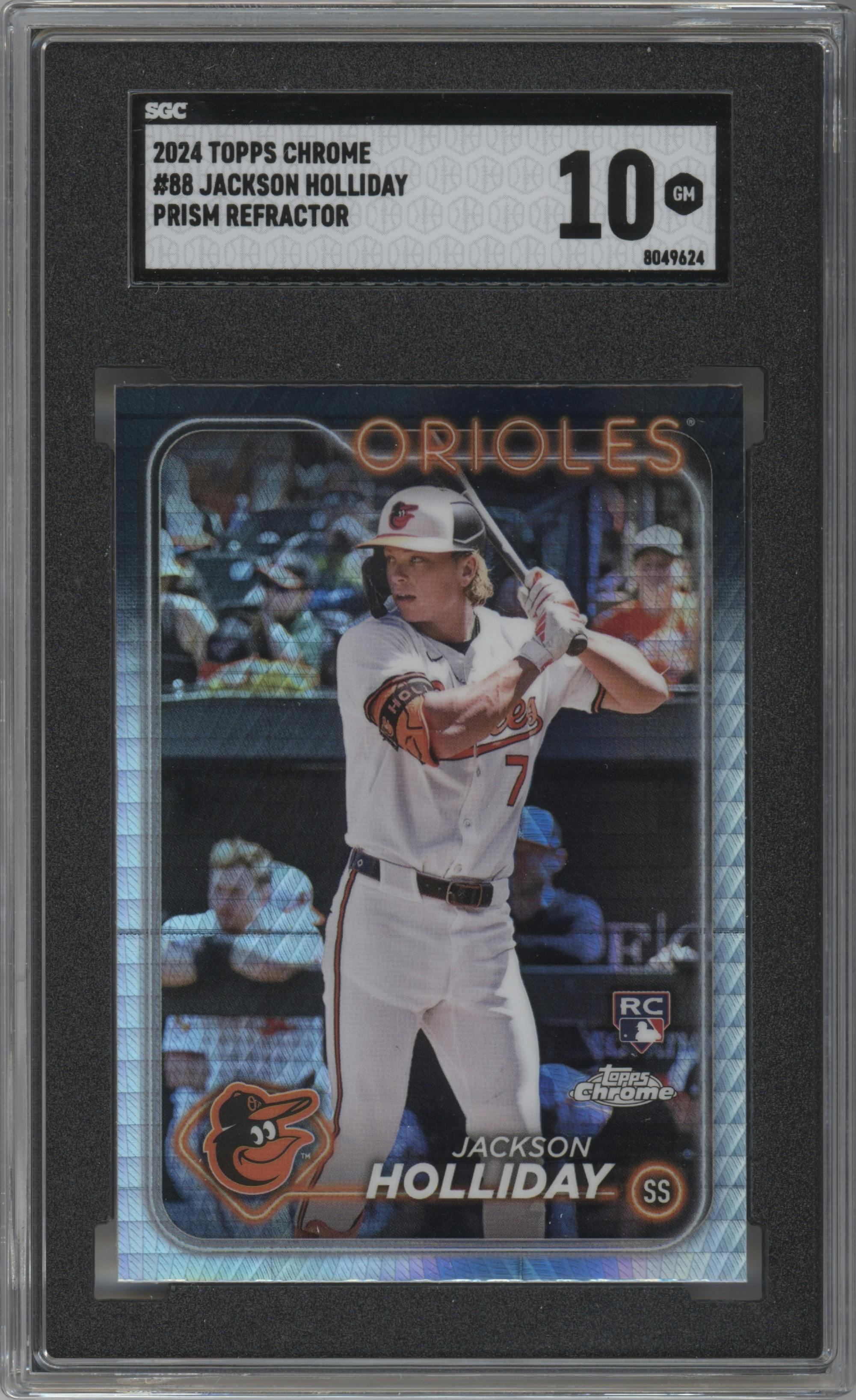 Jackson Holliday from the 2024 Topps Chrome set featuring a Prism Refractor parallel graded by SGC and given an overall grade of 10.